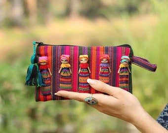 Worry Doll Striped Multicolor Sarape Pouch Bag Clutch with Tassel