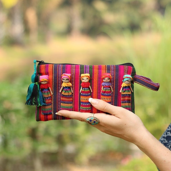 Worry Doll Striped Multicolor Sarape Pouch Bag Clutch with Tassel