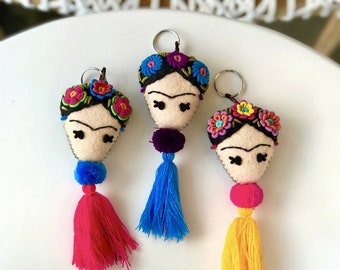 Frida Kahlo Embroidered Pom Pom Boho Keychain | Zipper Pull | Mexico