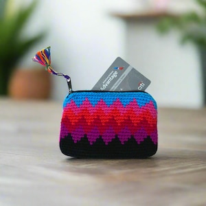 Crochet Multicolor Rectangular  Coin Purse With a Zipper Closure - Guatemala