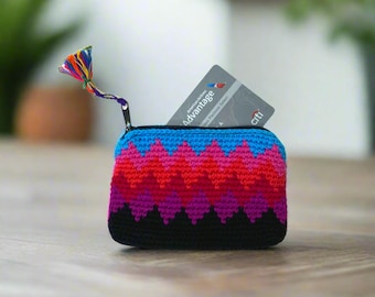 Crochet Multicolor Rectangular  Coin Purse With a Zipper Closure - Guatemala