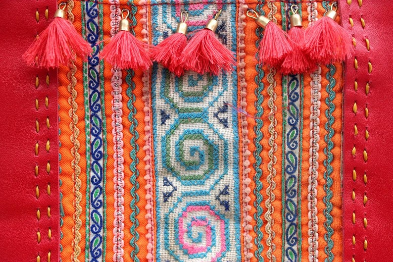 Red Leather Hmong Thai Crossbody Bag With Red Tassels Thailand