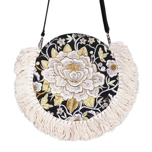 Round Boho Embroidered Flower Canteen Crossbody Bag Hmong