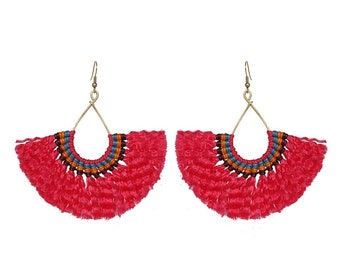 Half Moon Red Fan Boho Fair Trade Handmade Tassel Earrings - Thailand