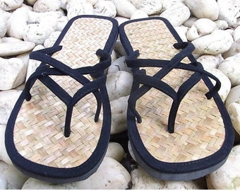 Vintage Beach Black Sandals Boho Fair Trade Handcrafted - Thailand