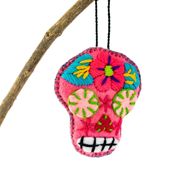 Sugar Skull Embroidered Felted Ornament  - Mexico Dia de Los Muertos (Day of Dead) Handmade Calavera Rearview Mirror Decor