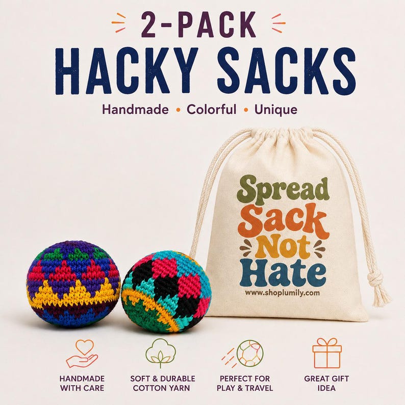Two colorful hacky sacks with a drawstring bag. The hacky sacks are handmade with cotton yarn and feature vibrant patterns. The bag reads "Spread Sack Not Hate" and includes the website shoplumily.com.