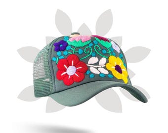 Casquette trucker fleurie brodée : casquette de baseball snapback artisanale mexicaine