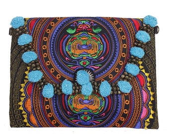 Embroidered Clutch Convertible Pom Poms Wristlet Crossbody Embroidered Colorful Boho Bag- Thailand