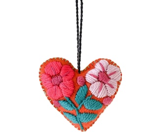 Corazon Heart Embroidered Felted Boho Valentines Love Gifts Mexico Holiday Christmas Tree Ornament San Velentin