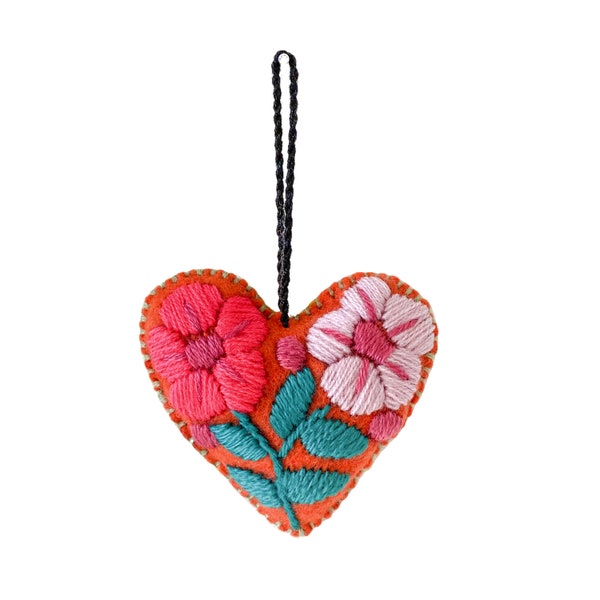 Corazon Heart Embroidered Felted Boho Valentines Love Gifts Mexico Holiday Christmas Tree Ornament San Velentin