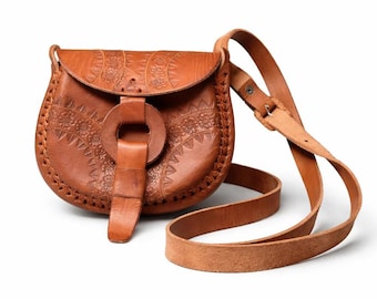 Handmade Tooled Leather Crossbody Bag - Mexican Artisan Stamped Crossover Purse