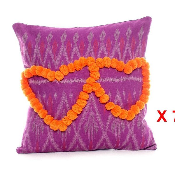 7 Piece BUNDLE: Heart Hippy Pom Pom Cotton Cushion Cover Colorful Pink - Thailand