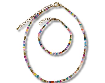 Two piece: Handmade Colorful Beaded Necklace and Bracelet Set from Thailand - Exquisite and Unique