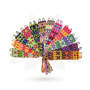 May include: A collection of colorful woven bracelets with intricate geometric patterns. The bracelets feature a variety of colors, including red, yellow, green, blue, and pink. Each bracelet is approximately 0.5 inches wide.