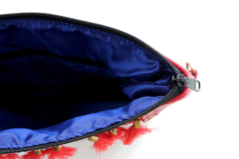 Red Leather Hmong Thai Crossbody Bag With Red Tassels Thailand
