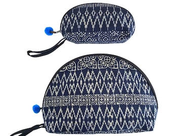 Women's Sustainable Coin Cosmetic Waree Batik Stamped Indigo Purse Artisan Crafted - Thailand
