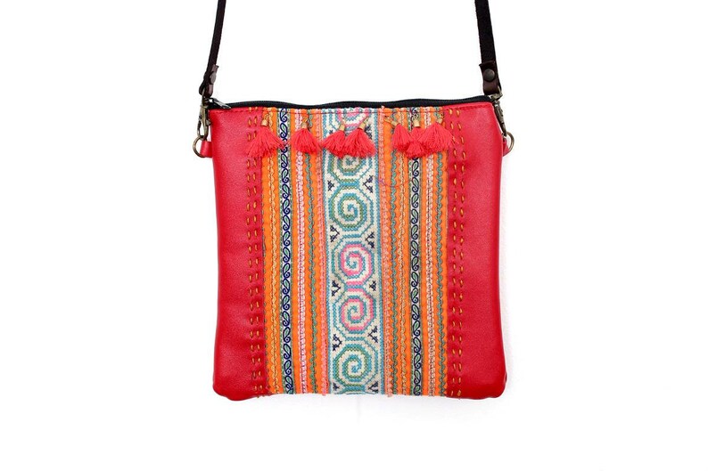 Red Leather Hmong Thai Crossbody Bag With Red Tassels Thailand