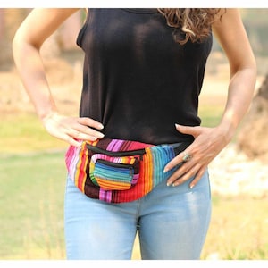 Unisex Colorful Woven Stripe Fanny Pack – Handmade Boho Waist Bag from Guatemala