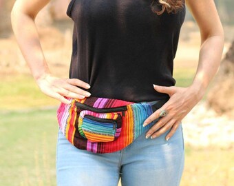 Unisex Colorful Woven Stripe Fanny Pack - Handmade Boho Waist Bag from Guatemala