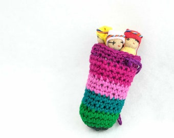 Worry Doll with Crochet Pouch - Guatemala Small Colorful Folklore Peace Stress Doll in Multicolor bag