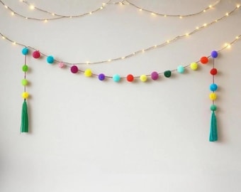 Handmade Multicolor Pom Pom Garland, Mexican Boho Hanging Decor, Festive Christmas & Holiday Decoration