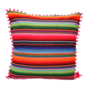 Hacienda Sarape Multicolor Mexican Guatemala Striped Boho Pillow Cover pompoms