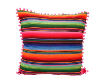 Hacienda Sarape Multicolor Mexican Guatemala Striped Boho Pillow Cover pompoms