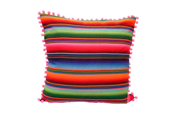 Hacienda Sarape Multicolor Mexican Guatemala Striped Boho Pillow Cover Pompoms Etsy Canada