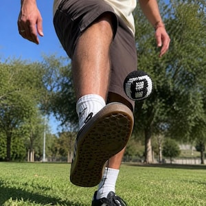 Peut inclure: Un ballon de billard crochet&eacute; noir et blanc est frapp&eacute; en l'air. Le ballon est mis au point, avec le pied et la jambe d'une personne au premier plan. La personne porte des baskets noires, des chaussettes blanches et un short marron. L'arri&egrave;re-plan est un champ herbeux vert et des arbres.