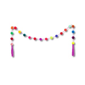Handmade Multicolor Pom Pom Garland, Mexican Boho Hanging Decor, Festive Christmas & Holiday Decoration