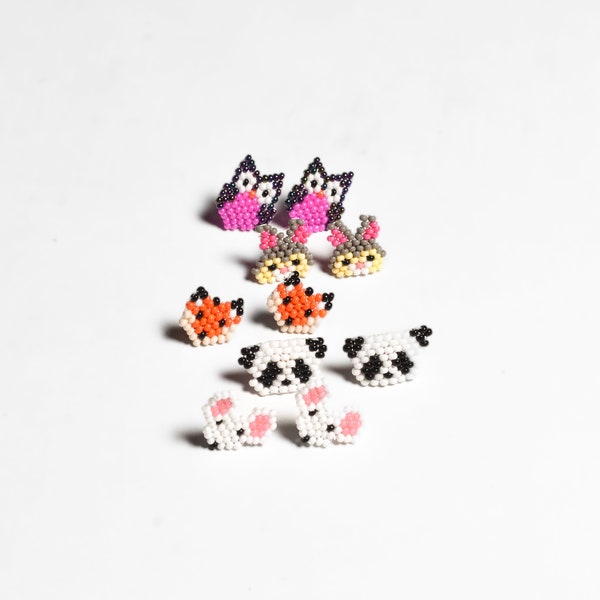 Safari Seed Bead Animal Kid Girl Zoo Pet Stud Earrings - Handmade in Mexico