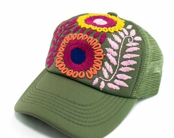 Artisan Embroidered Flower Trucker Hat, Handcrafted Mexican Snapback, Unique Gift for Her Him, Floral Embroidery Baseball Cap