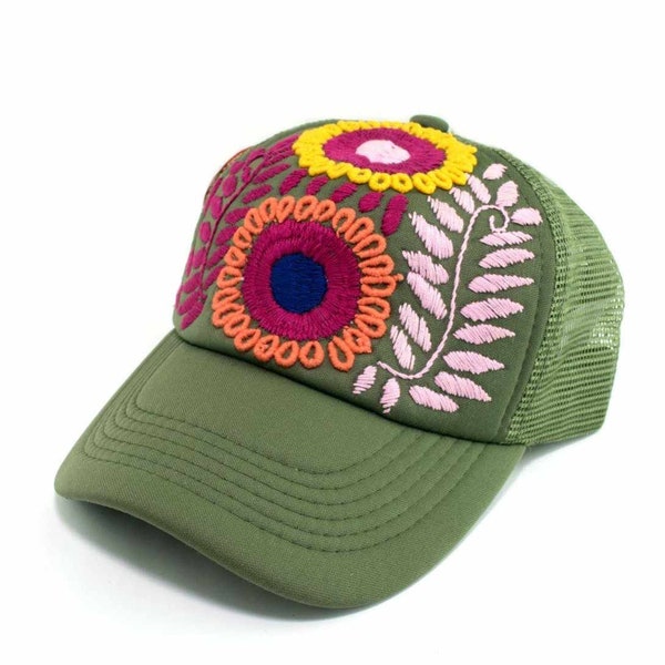 Artisan Embroidered Flower Trucker Hat, Handcrafted Mexican Snapback, Unique Gift for Her Him, Floral Embroidery Baseball Cap