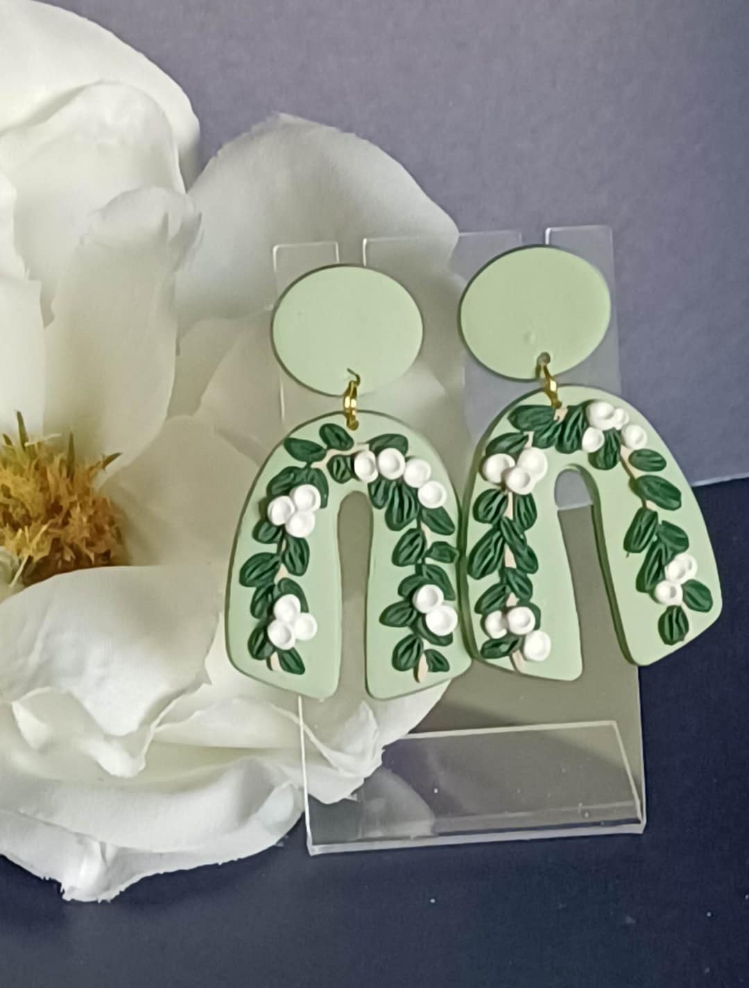 Sage Green Vine Arch Dangle Earrings Polymer Clay Earrings Green for St
