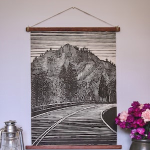 Hanging Linocut Print of Canvas -Mountain Road Large