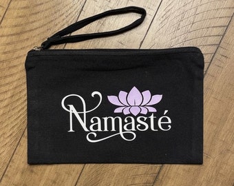 Namaste Wristlet, Black Canvas Wristlet, Yoga Wristlet, Cute Saying Wristlet, Washable Canvas Wristlet, Yoga Gift Under 20, Yoga Wristlet