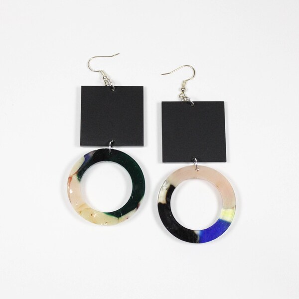 Blue Cream Geometric Sustainable Stained Glass Circle Square Block Big Matte Shape Statement Acrylic/Perspex Fishhook Earrings