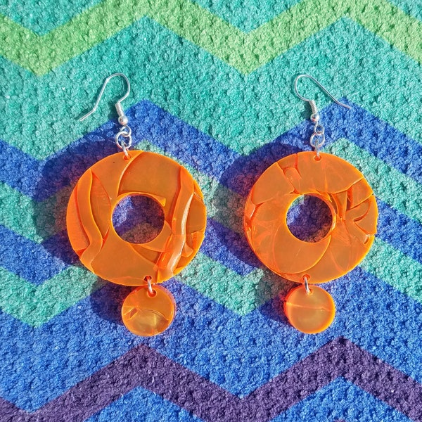 Fluoroscent Doughtnut Earrings Recycled Orange Yellow Circle Acrylic/Perspex Fishhook