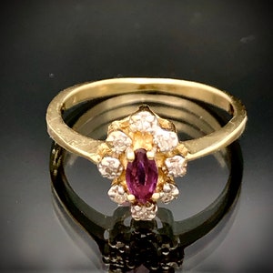 Dainty Ruby and Diamond Ring - 100% Natural Ruby and Diamond Ring, 14k - 14k gold ruby ring - Real Ruby Ring - Ruby Ring with Diamond Halo