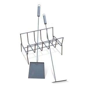 May include: A set of three silver grilling tools, including a grill grate, a long-handled spatula, and a long-handled poker. The tools are arranged on a white background.