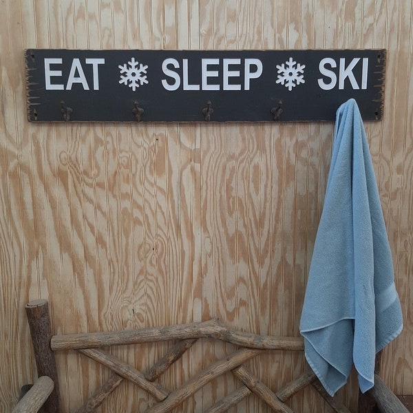 EAT SLEEP SKI Towel holder, coat rack, rustic carved wood sign, Cabin décor, Lodge, Hot tub sign, Mountain décor, distressed wood signs