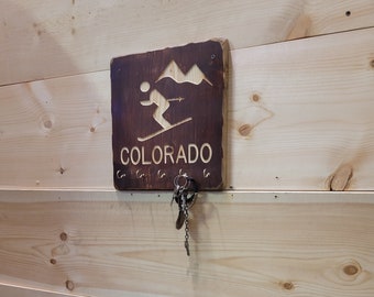 Colorado Key Holder/Hat Rack/Pet Leash Holder/Rustic Carved Wood/RV/Décor/Home/Cabin/Recreational Icon/Snow Skiing/Mountains