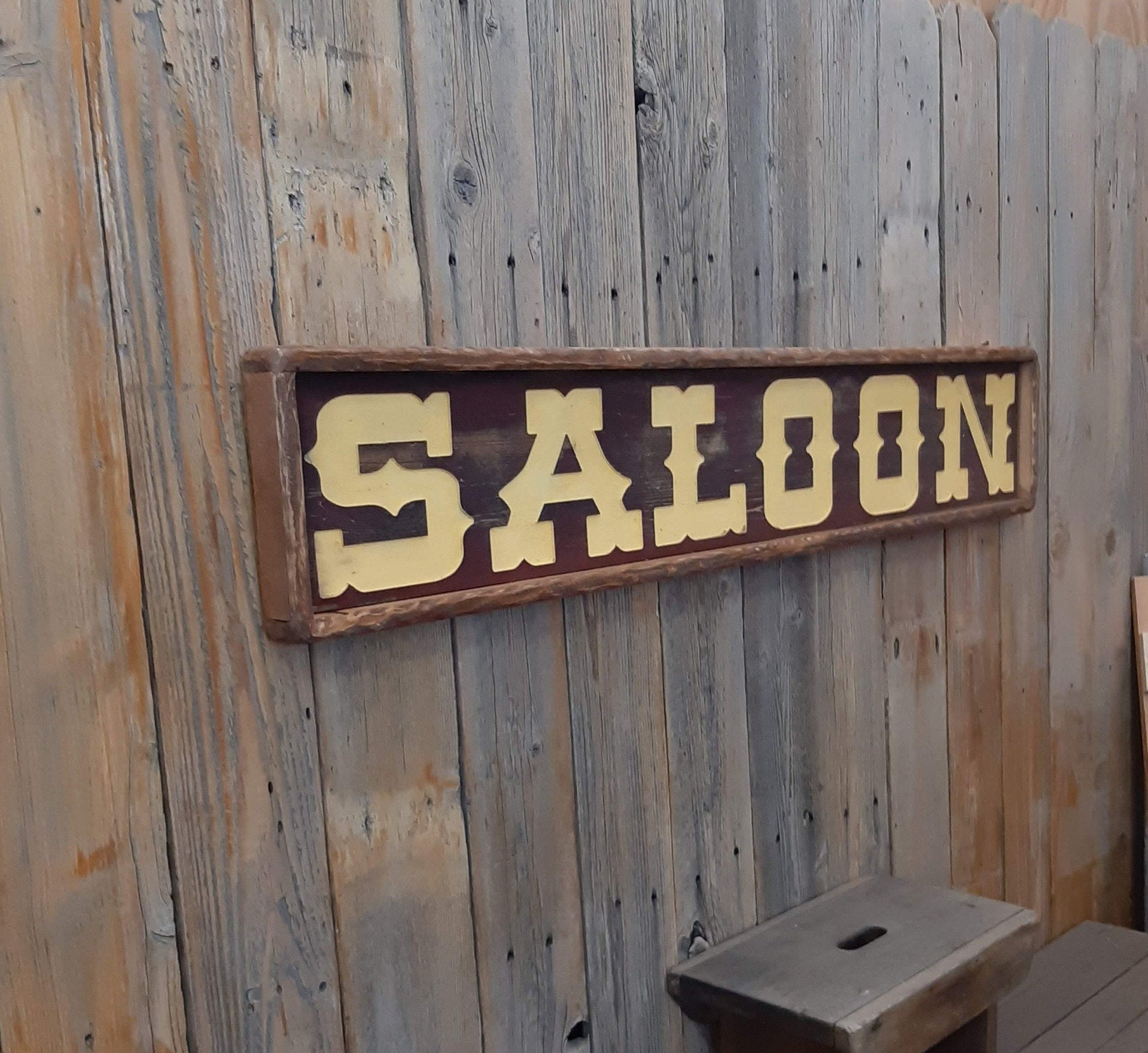 Saloon/rustic/carved/wood/sign/western/décor/ranch/old West/bar