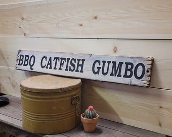 BBQ CATFISH GUMBO/Patio/Deck/Man Cave/Kitchen/Décor/Cajun/Hog Roast/River/Cabin/Cajun Food/Rustic Wood Sign/Wooden