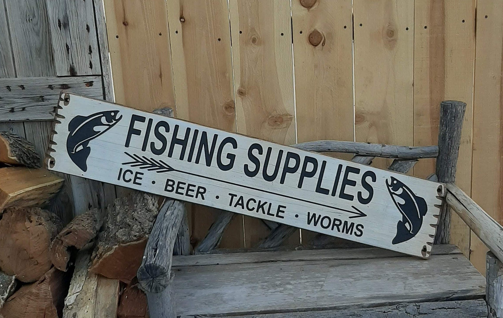 FISHING SUPPLIES Ice Beer Tackle Worms/carved/rustic/wood/sign /cabin/décor/lodge/tackle/marina/lake/boat Dock/mancave 