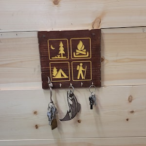 Camp Icon/Carved Rustic Wood Sign/Recreational/Cabin/Lodge/Décor/Camping/Outdoors/Camp Fire/Tent/Key Holder/Hat Rack/Pet Leash Holder