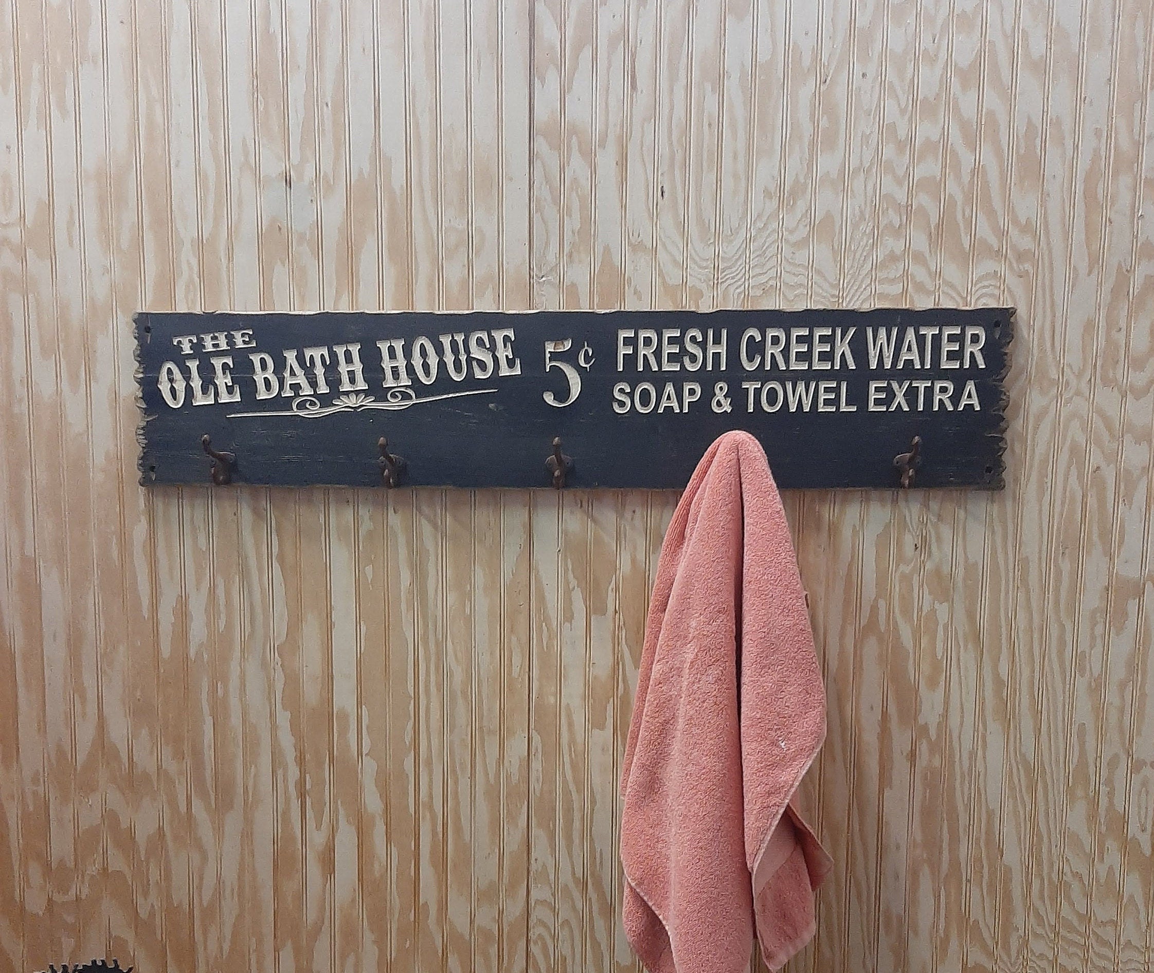 Ole Bath House/Towel Rack/Rustic Carved Wood Sign/Hot Tub  Décor/Bathroom/Pool