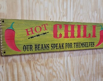 HOT CHILI/Rustic/Wood/Sign/Peppers/Chili Cook off/Café/Kitchen/Décor/Restaurant/Food Truck/BBQ/Chuck Wagon/Carved