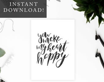 You Make My Heart Happy Printable 5x7 Card, Valentines Day/Anniversary Card, Card for Him/Her, Gift for Him/Her, Minimalist Digital Card